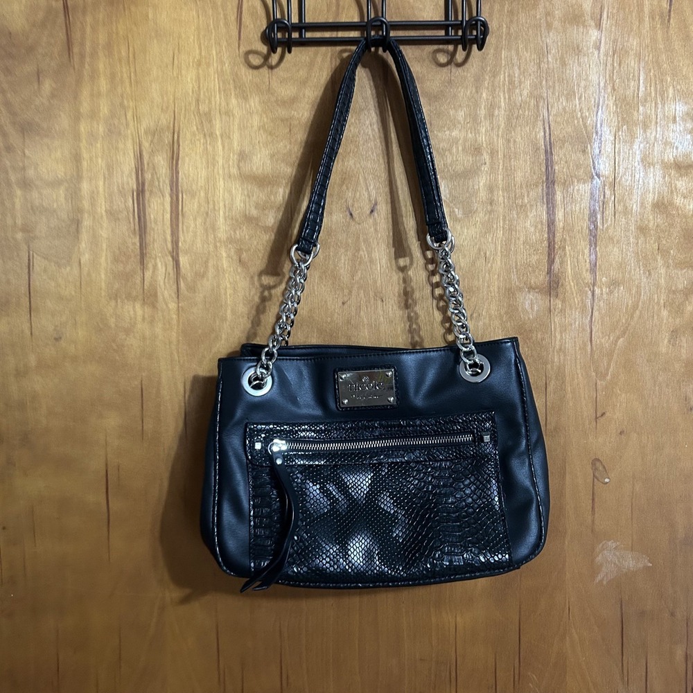 Nicole Miller Black‎ Faux Leather Embossed Shoulder Bag Silver Chain Straps